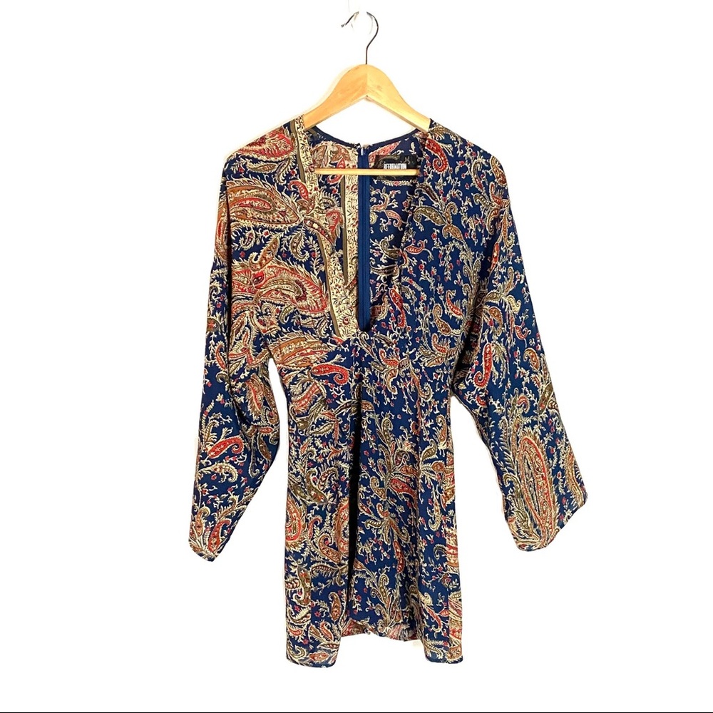 Reformation Mini Kimono Dress Deep V Neck Red Blue